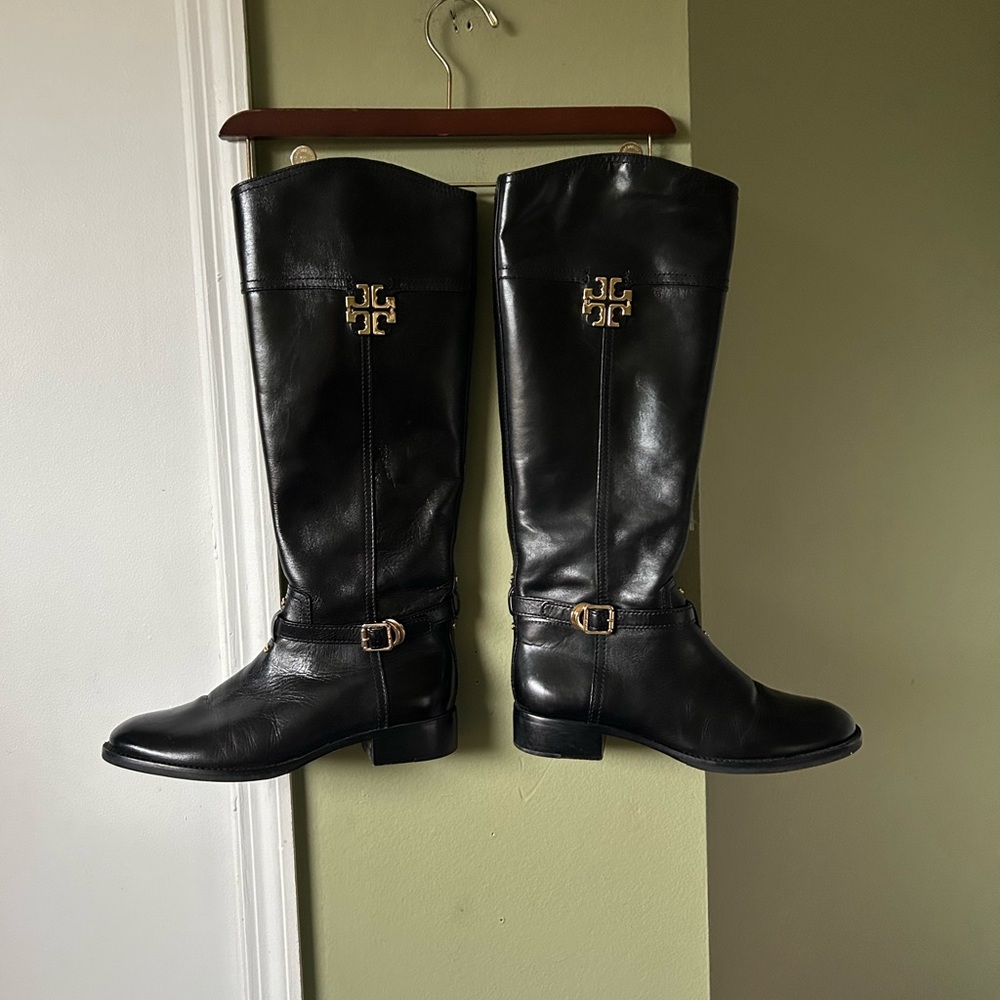 Tory Burch Adeline Women’s Black Leather Riding Boots Sz 8 - Picture 3 of 14